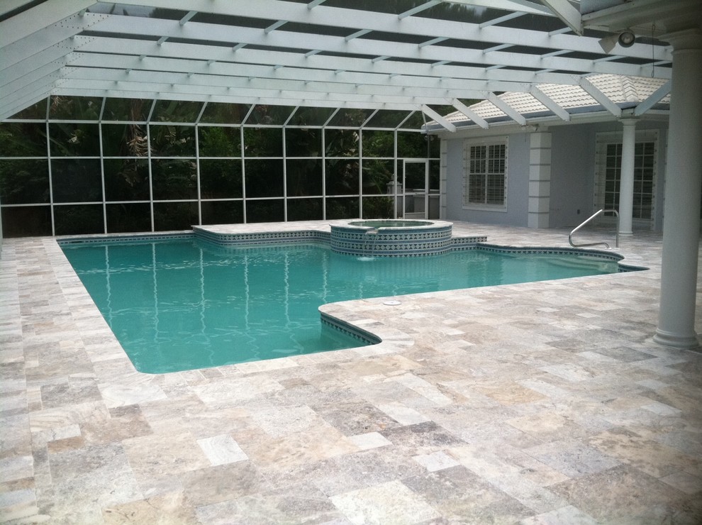 Travertine Pavers Pool Deck Pool Midcentury with French Pattern Silver Travertine