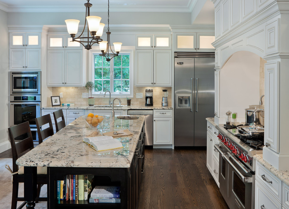 Travertine Subway Tile Backsplash Kitchen Contemporary with Ceiling Lights Counter Stools