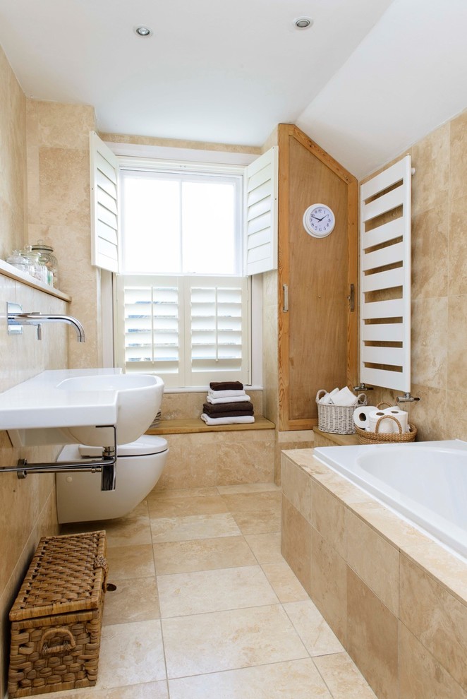 Travertine Tile Bathroom Bathroom Beach with Airy Bright Coastal Cottage