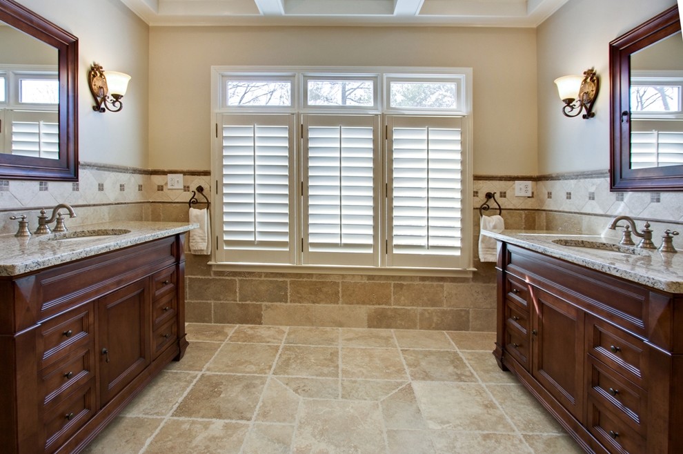 Travertine Tile Bathroom Bathroom Traditional with Custom Vanity Dark Stained1