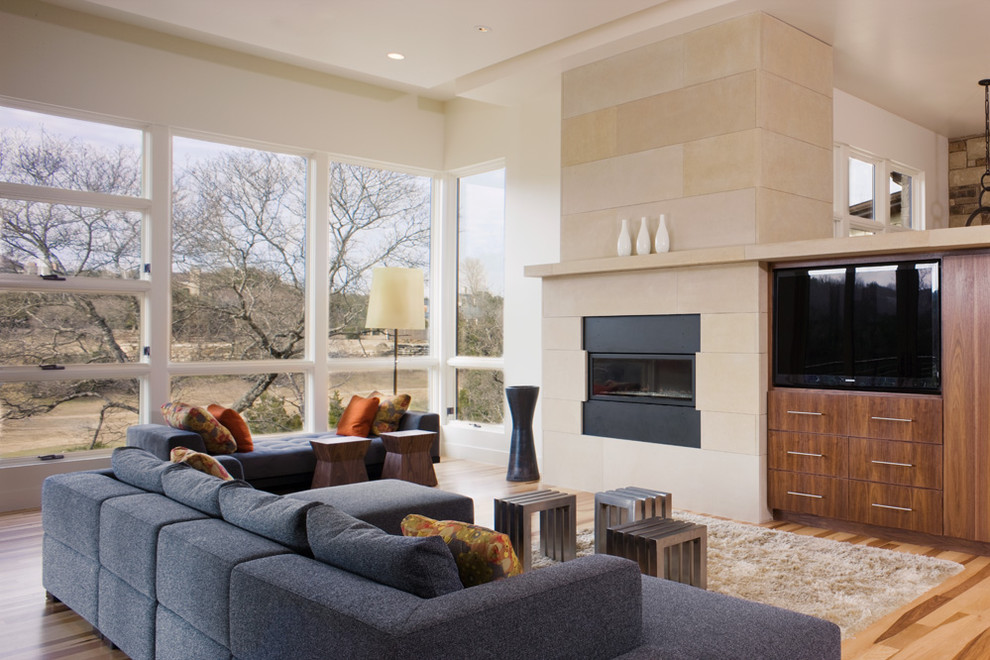 Travertine Tile Fireplace Living Room Contemporary with Accent Tables Area Rug