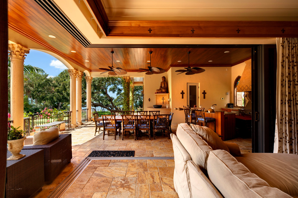 Travertine Tile Patterns Family Room Mediterranean with Black Crown Molding Ceiling