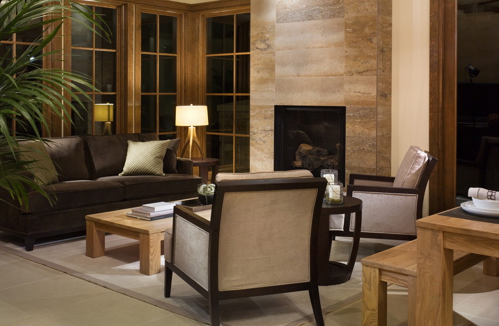 Travertine vs Porcelain Tile Living Room Contemporary with Area Rug Brown Sofa