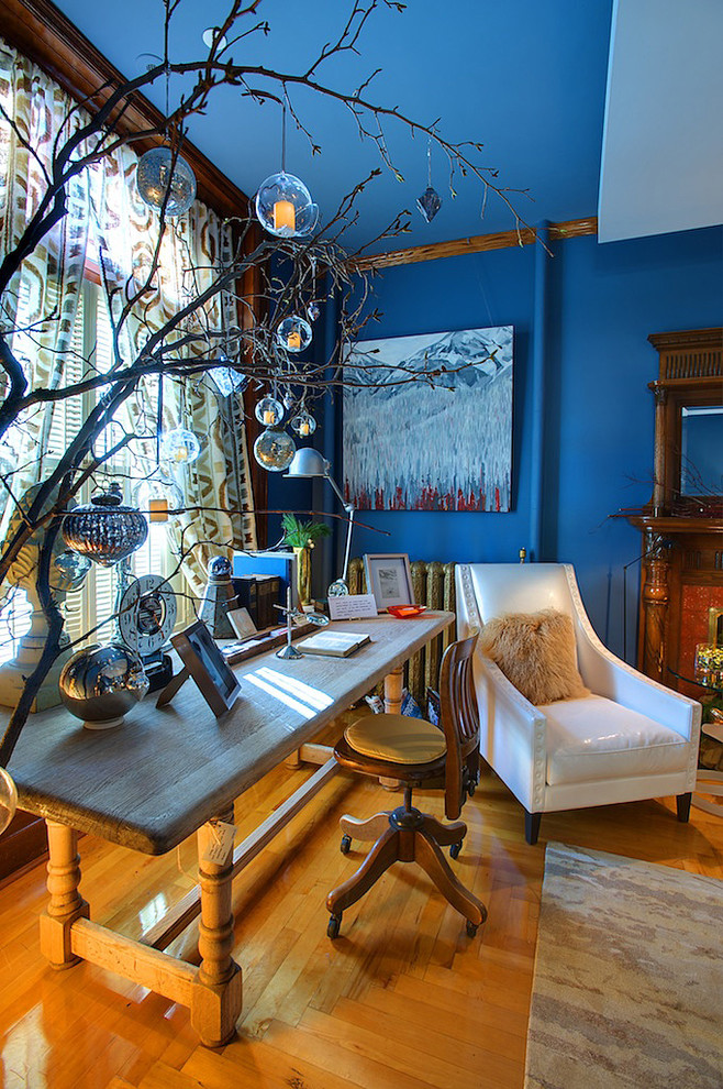 Tree Branch Light Fixture Home Office Eclectic with Blue Walls Bold Colors