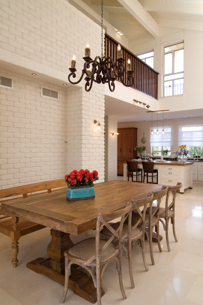 Trestle Dining Table Dining Room Traditional with Brick Wall Chandelier Dining