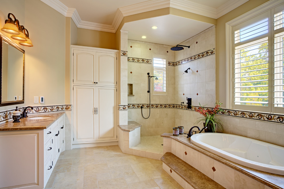 Trex vs Wood Bathroom Traditional with Large Shower Linen Cabinet
