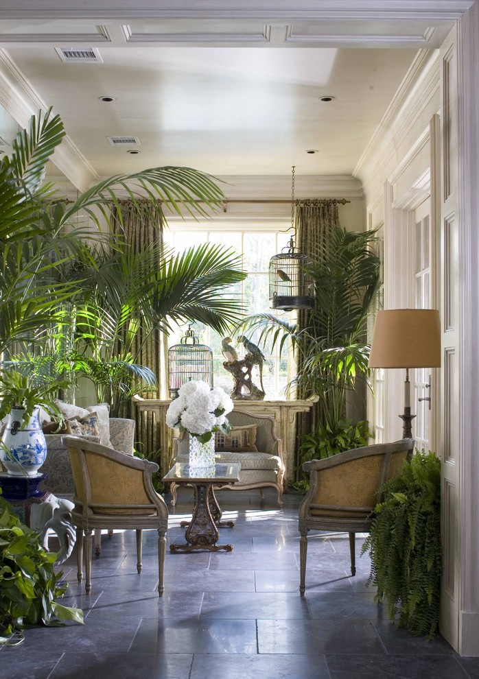Tropical Living Room Furniture Sunroom Traditional with Bird Cage Ceiling Lighting