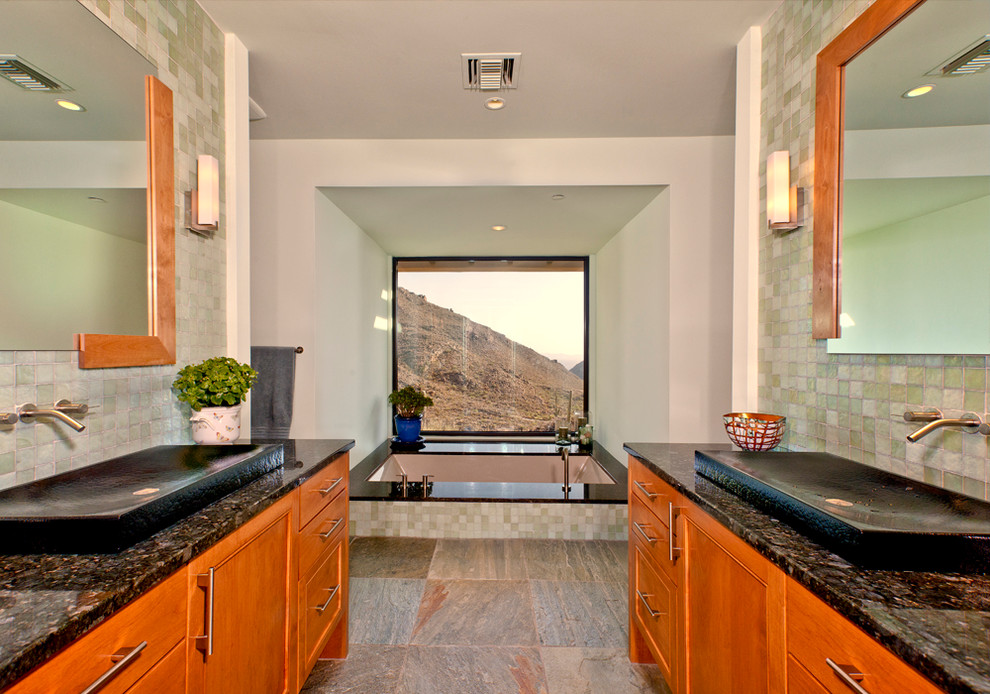 Trough Bathroom Sinks Bathroom Contemporary with Beige Tile Tub Surround