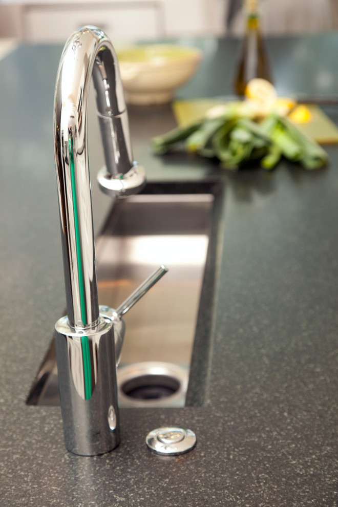Trough Sink Kitchen Kitchen with Black Countertop Chrome Island
