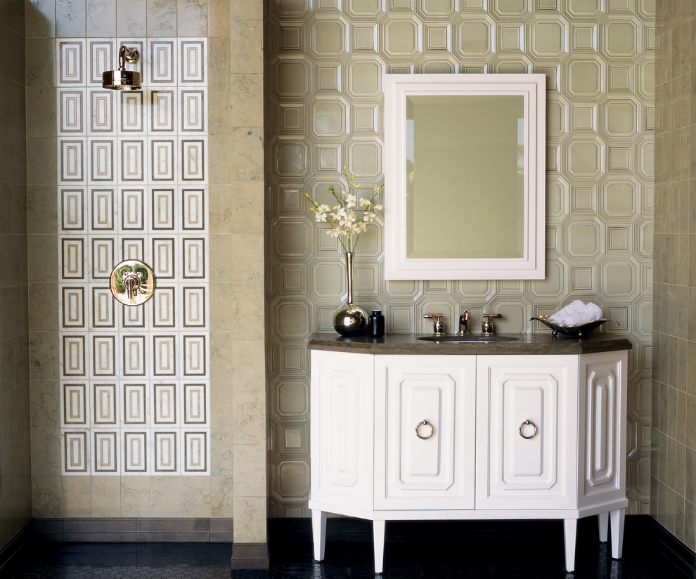 Trough Style Sink Bathroom Contemporary with Decorative Tile Wall 