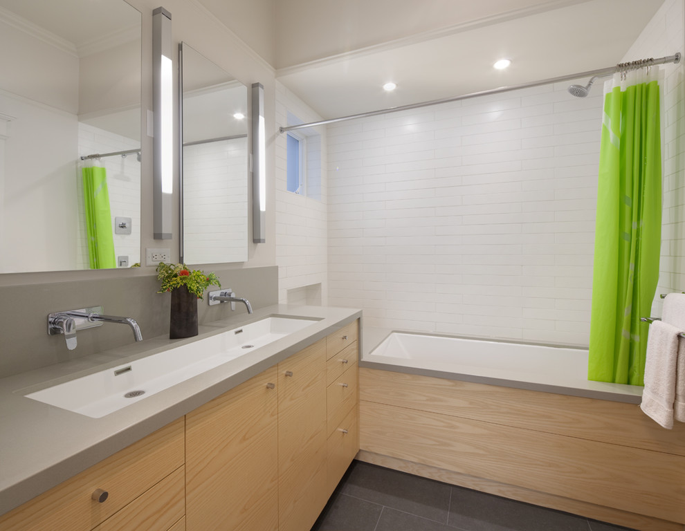 Trough Style Sink Bathroom Contemporary with Flush Cabinets Gray Counters