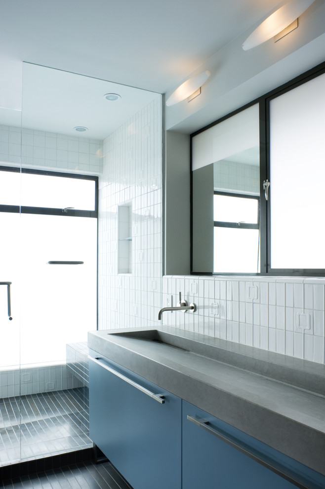 Trough Style Sink Bathroom Modern with Bathroom Tile Blue Cabinets