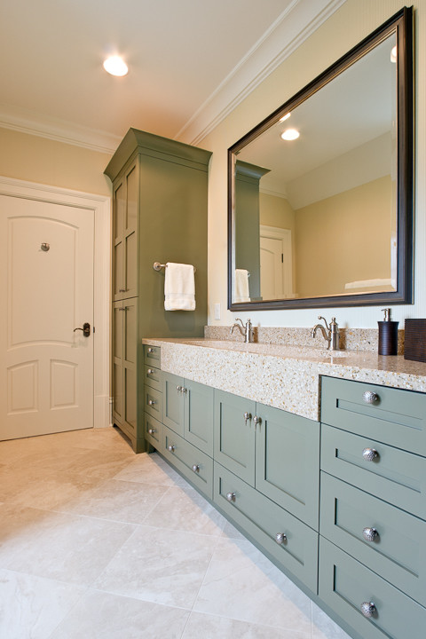 Trough Style Sink Bathroom with Concrete Countertop Green Vanity