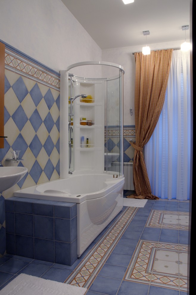 Tub and Shower Combo Bathroom Traditional with Accent Tiles Blue Tiles