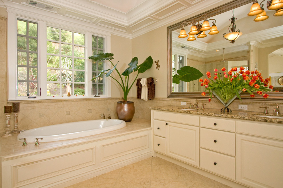 Tub Surround Tile Bathroom Traditional with Bathroom Lighting Beige Cabinet