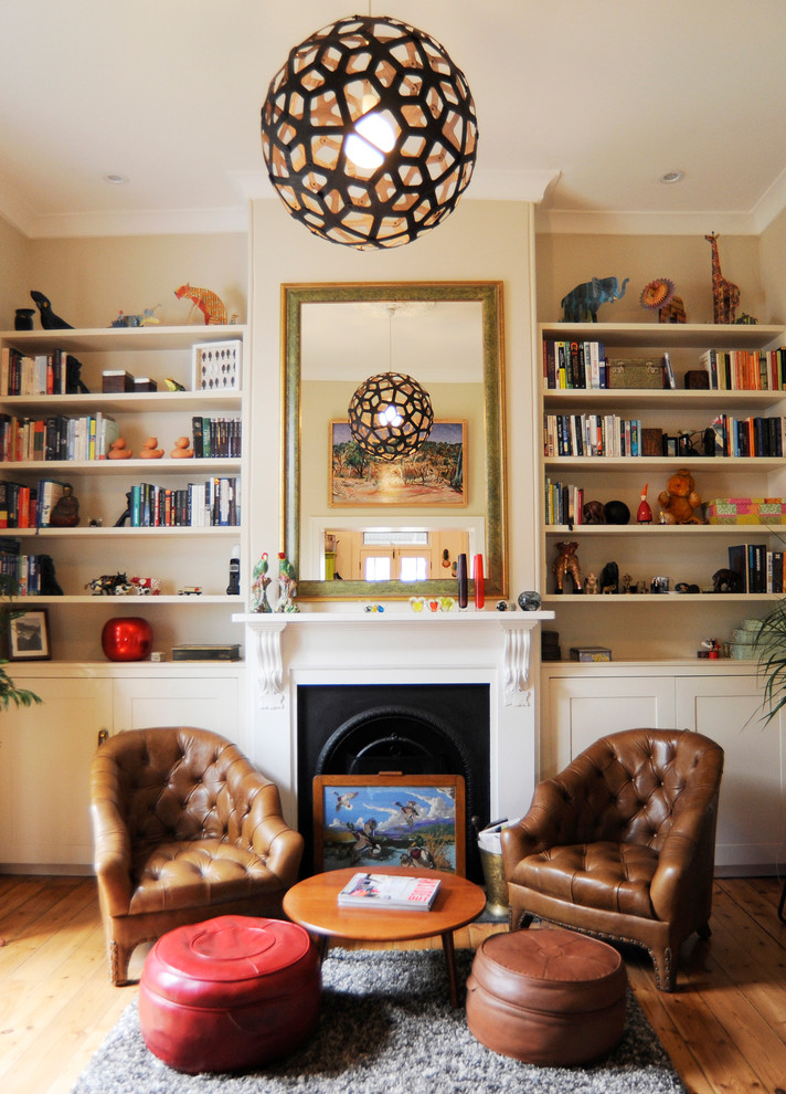Tufted Accent Chair Living Room Eclectic with Brown Leather Built in Bookshelves