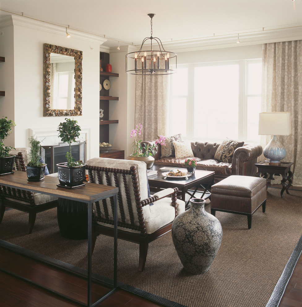 Tufted Leather Sofa Family Room Contemporary with Area Rug Built In
