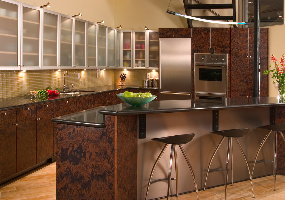 Tufted Leather Sofa Kitchen Contemporary with 1900 Series Bellmont Cabinets