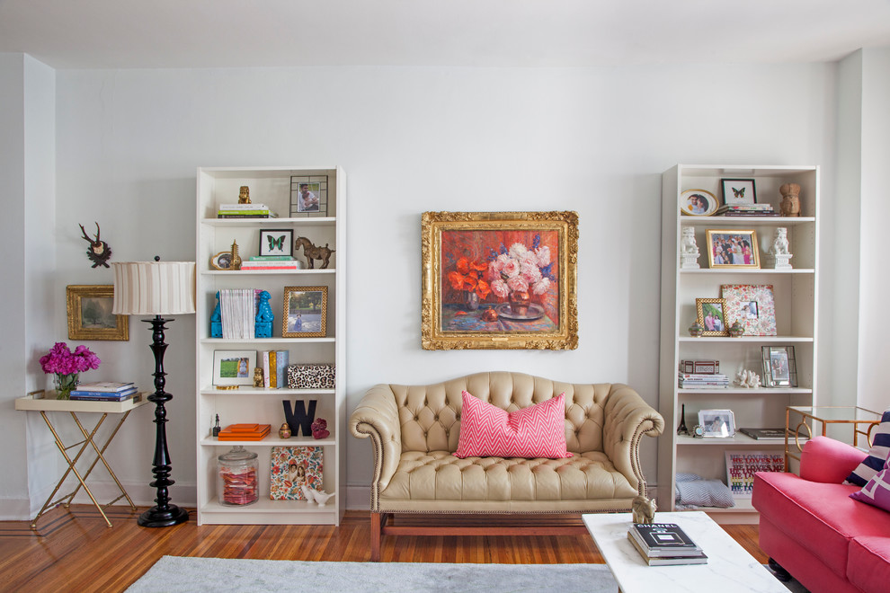 Tufted Leather Sofa Living Room Eclectic with Area Rug Bookshelves Coral