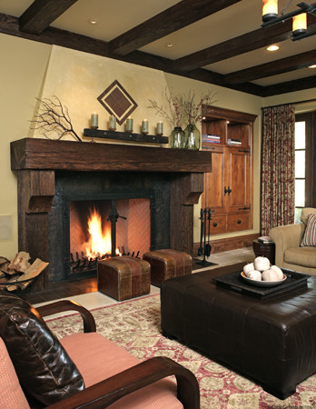 Tufted Ottoman Coffee Table Living Room Mediterranean with Beams Fireplace Living Room