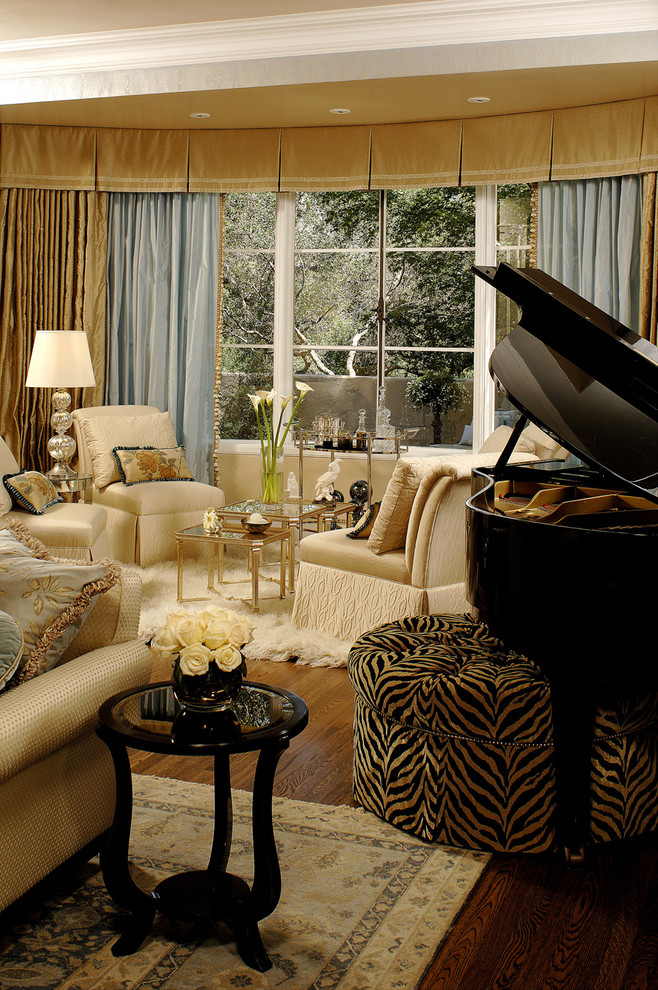 Tufted Round Ottoman Family Room Traditional with Bar Cart Bay Window