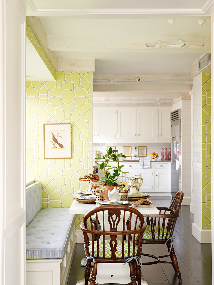Tufted Seat Cushion Kitchen Traditional with Bamboo Pattern Wallpaper Built