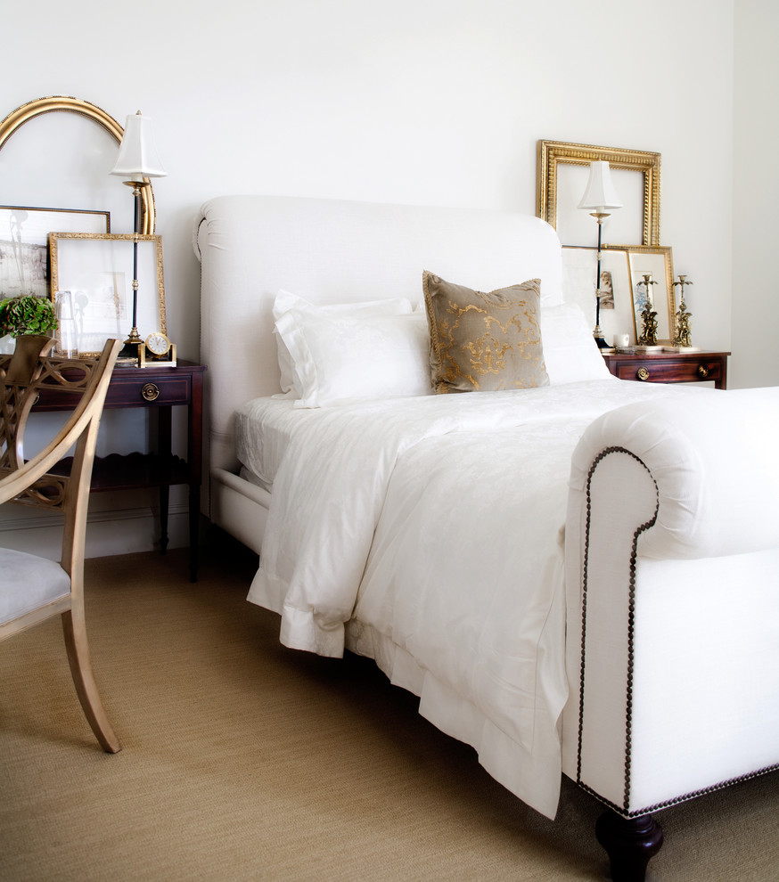 Tufted Sleigh Bed Bedroom Traditional with Bed Pillows Bedside Table