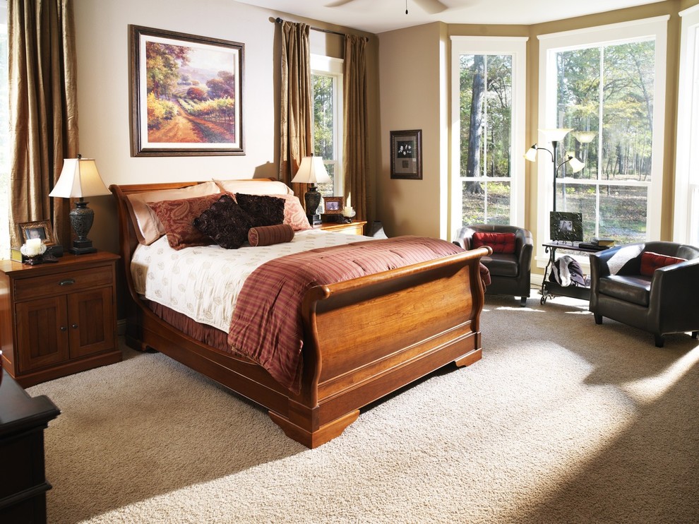 Tufted Sleigh Bed Bedroom Traditional with Bedside Table Beige Wall