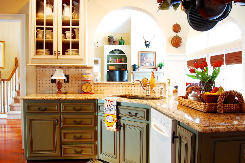 Tumbled Marble Backsplash Kitchen Farmhouse with Bead Board Colorful Farm1