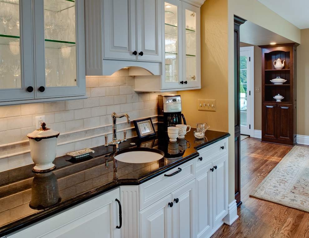 Tumbled Marble Backsplash Kitchen Traditional with Ann Arbor Brighton Cabinets1