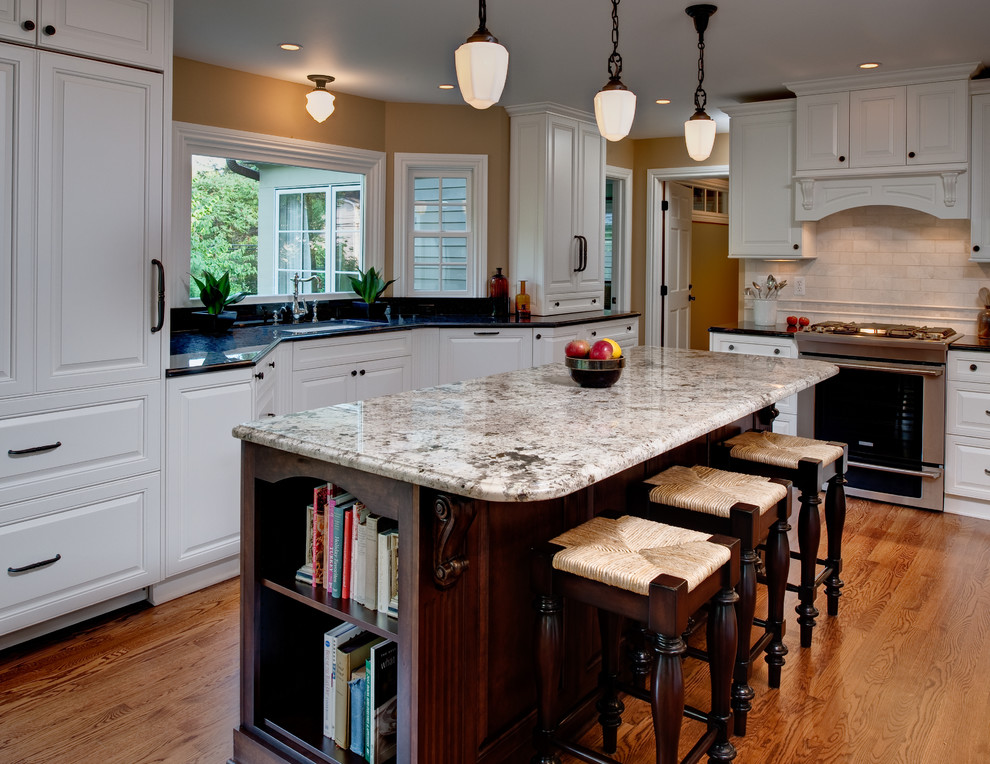 Tumbled Marble Subway Tile Kitchen Traditional with Ann Arbor Brighton Cabinets1