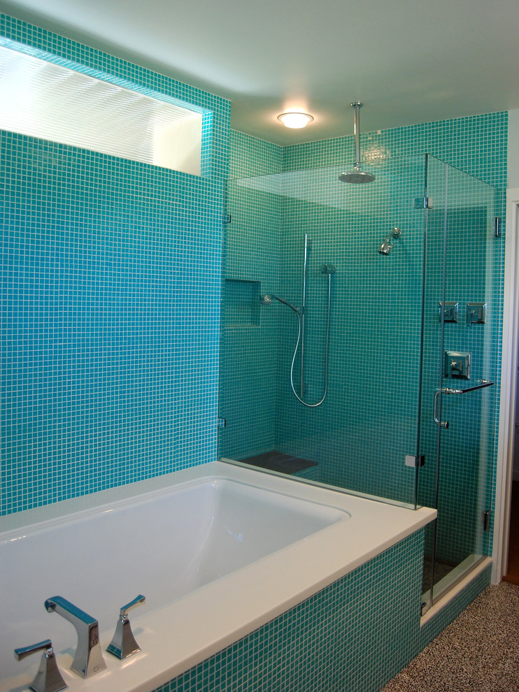 Turquoise Glass Tile Bathroom Modern with Aqua Blue Clerestory Color