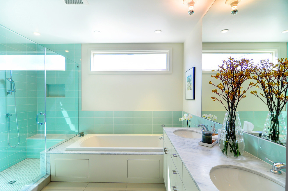Turquoise Tile Backsplash Bathroom Contemporary with Addition Built in Shower Bench