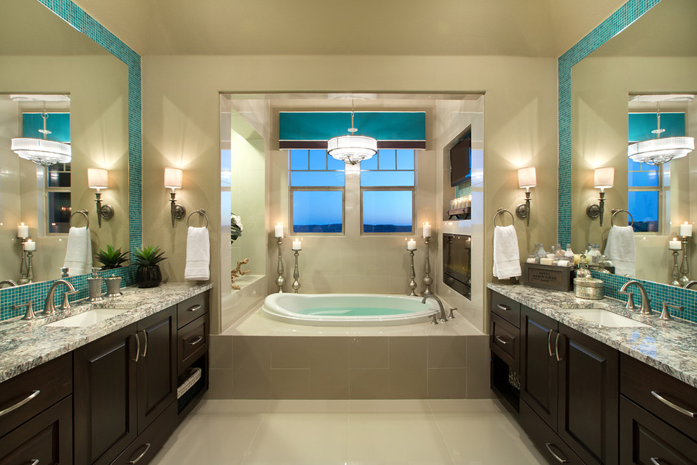Turquoise Tile Backsplash Bathroom Contemporary with Beige Walls Built in Dark