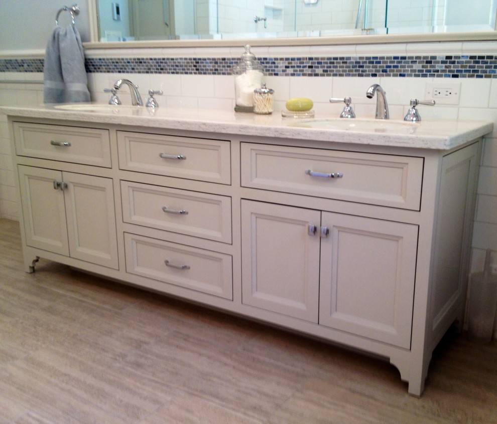 Turquoise Tile Backsplash Bathroom Transitional with Double Sinks Double Vanity