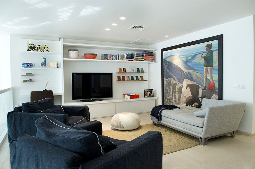 Tv Wall Units Family Room Contemporary with Art Wall Beige Ottoman1