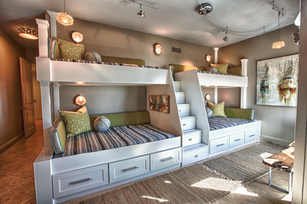 Twin Over Full Bunk Bed with Stairs Kids Beach with Area Rug Artwork Bench