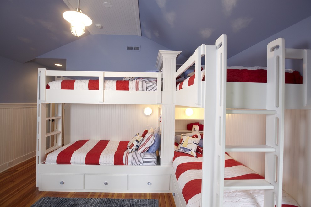 Twin Over Full Bunk Bed with Stairs Kids Traditional with Beadboard Bedroom Blue Blue