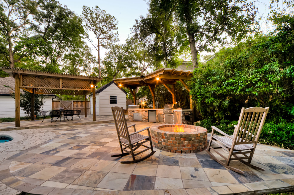Two Post Pergola Patio Traditional with Brick Fire Pit Covered