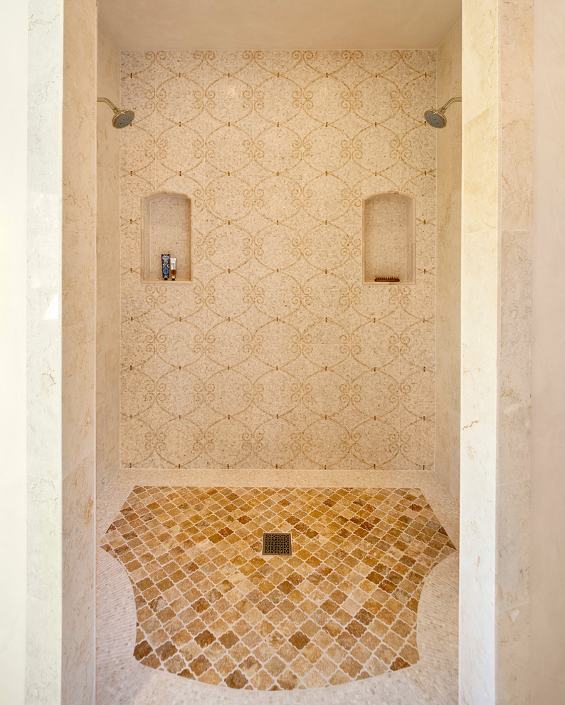 Two Shower Heads Bathroom Mediterranean with Arabesque Tile Champagne Cream