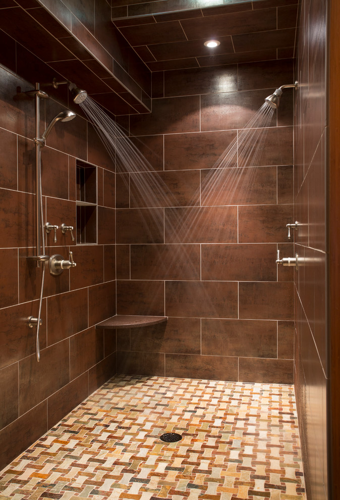 Two Shower Heads Bathroom Transitional with Brown Tile Wall Double