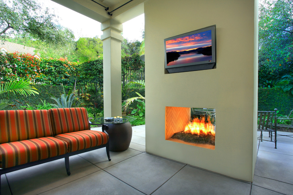 Two Sided Fireplaces Patio Modern with Bench Seat Column Concrete