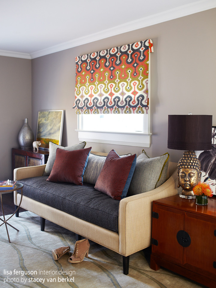 Two Tone Sofa Living Room Contemporary with Asian Ikat Interior Design