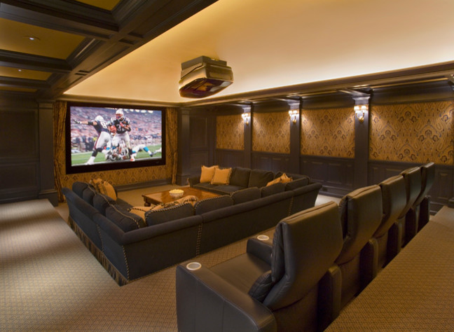 U Shaped Couch Home Theater Traditional with Beams Big Screen Built