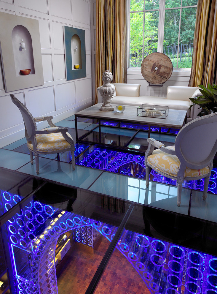 Underground Wine Cellar Living Room Contemporary with Acrylic Artwork Blue Chair