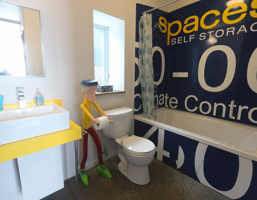 Unique Toilet Paper Holder Bathroom Eclectic with Bathtub Comical Concrete Floor