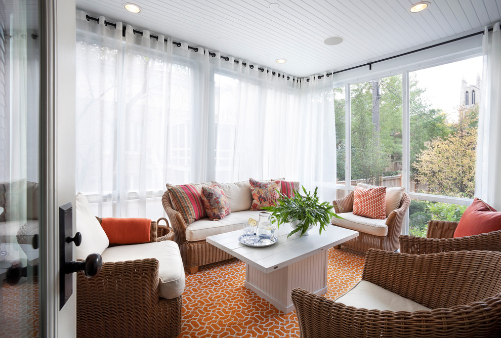 unique window curtains Sunroom Transitional with glass wall orange rug