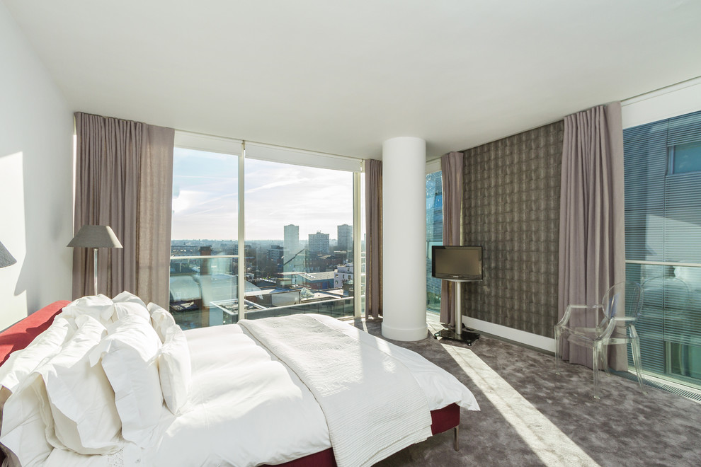 Upholstered Bed Frame Bedroom Contemporary with Baseboards Curtains Drapes High