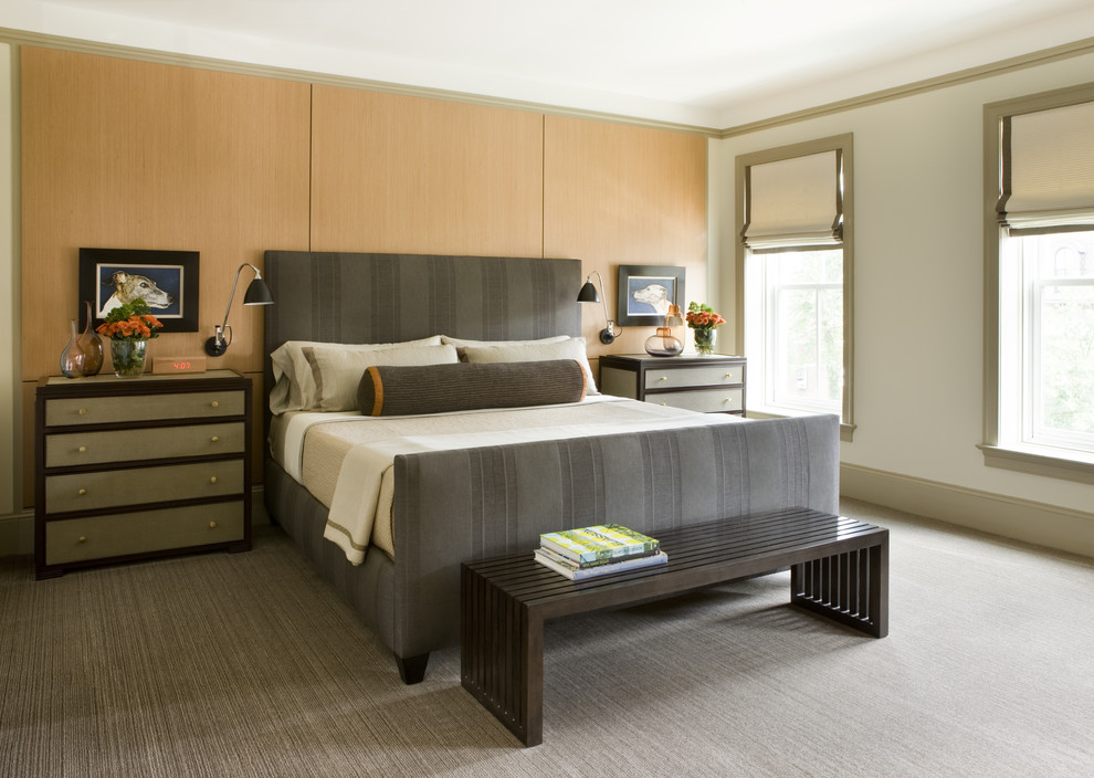 Upholstered Bed Frame Bedroom Transitional with Artwork Bedding Bench Bolster