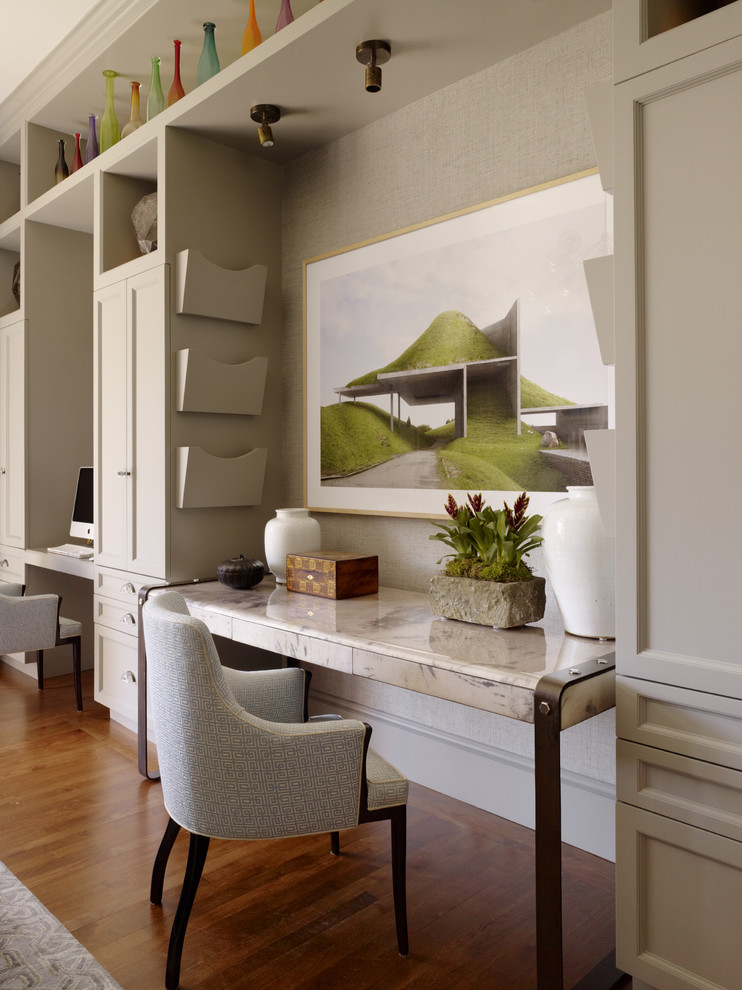 Upholstered Desk Chair Home Office Contemporary with Artwork Built in Cabinets Grasscloth